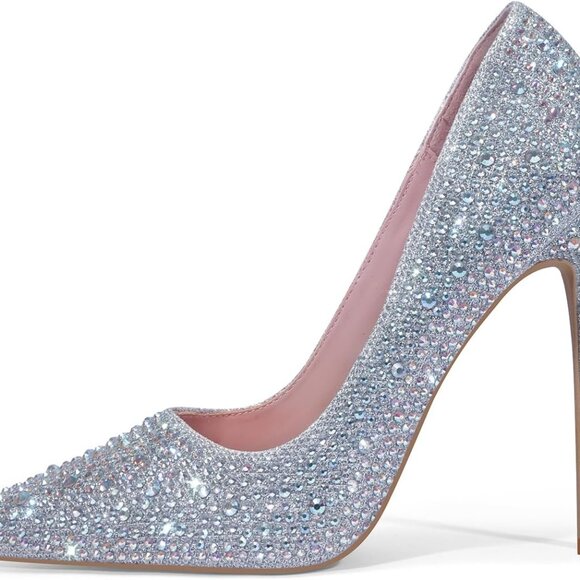 Women Pumps Glitter Rhinestone Heels 4.7 Inch Pointed Toe Prom Wedding Shoes - Picture 1 of 8
